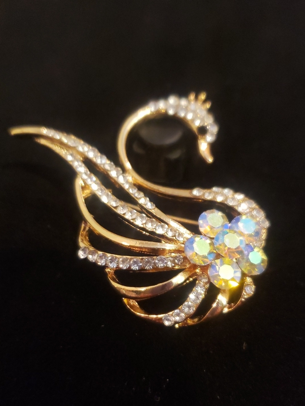 Gold Crystal Swan Brooch with Aurora Borealis Flower Accent